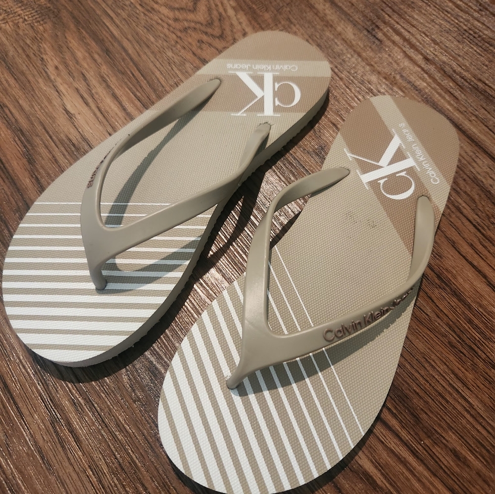Calvin Klein Beige and White Stripe Flip Flop Sandals